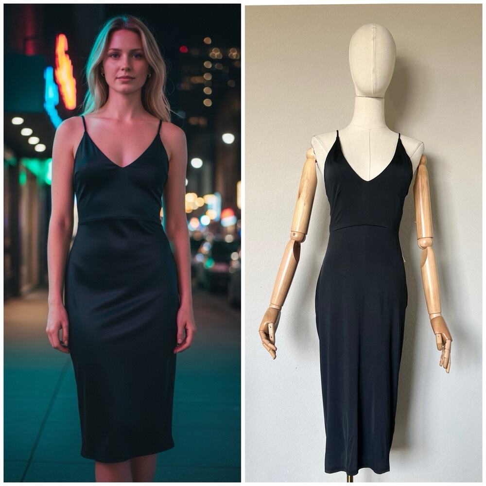 NWT Intimately Free People Sz Small Black Deep V Plunge Midi Dress Cocktail